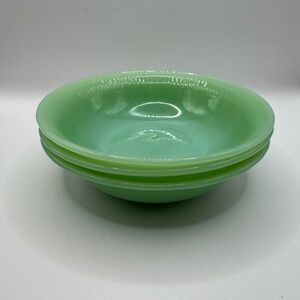 FireKing Jadeite Set of 3 Jane Ray pattern 6" fruit or cereal bowls.